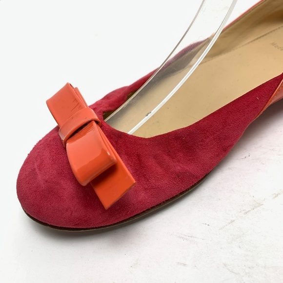 J CREW Made In ITALY Pink Orange Genuine Leather Suede Flats Bow Toe Shoes 6.5 - Picture 7 of 16